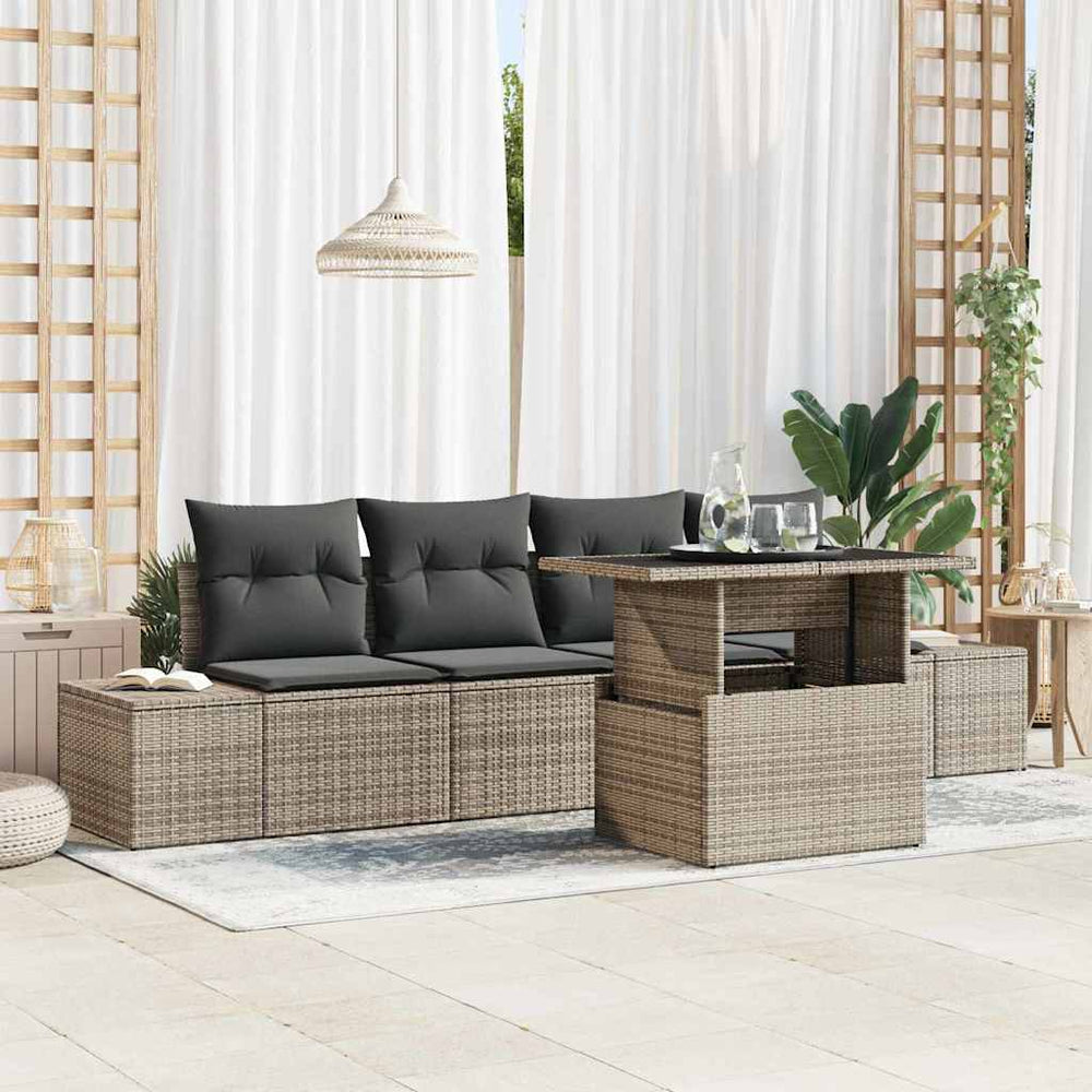 vidaXL Sofa Set with Cushions 5 pcs Grey Poly Rattan