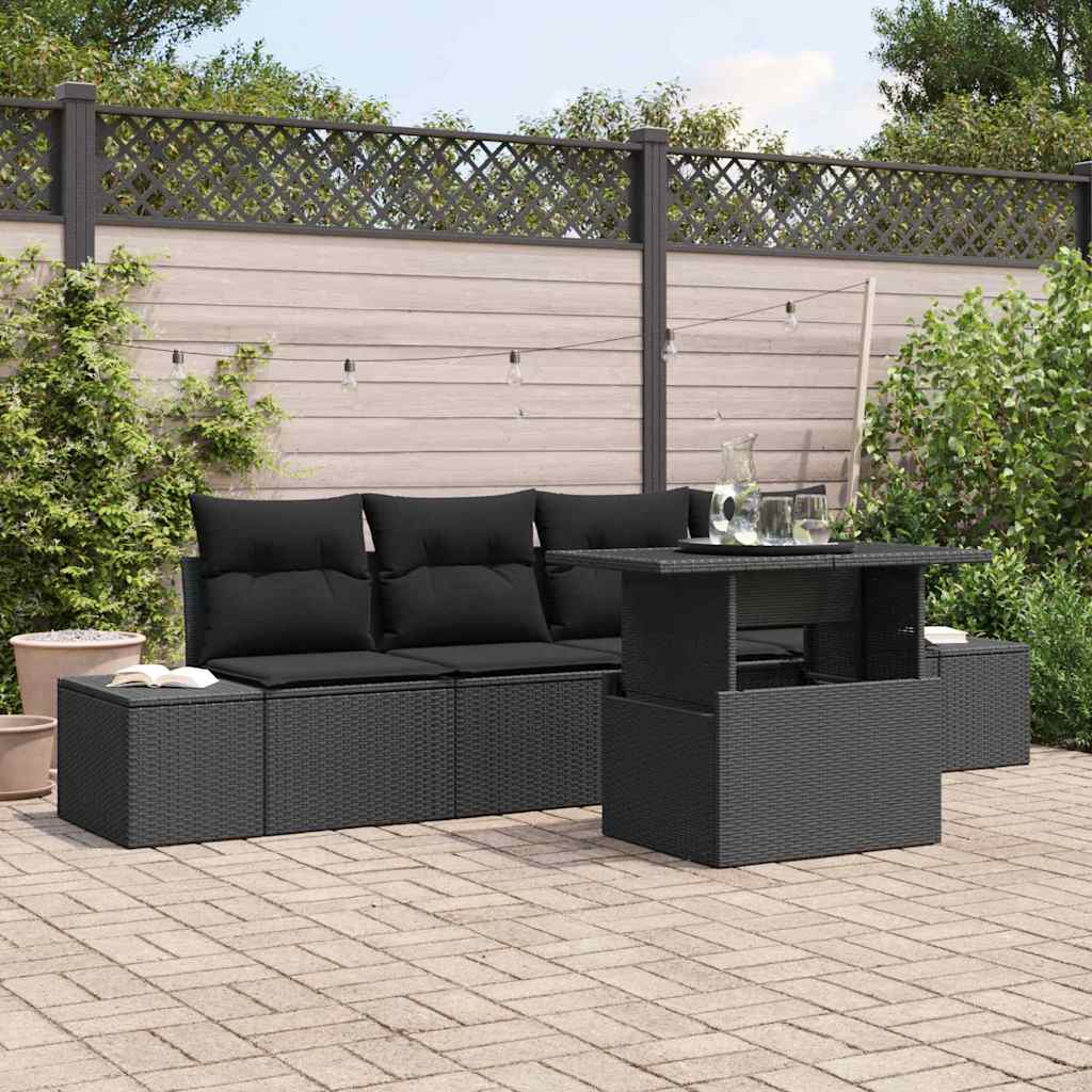 vidaXL Sofa Set with Cushions 5 pcs Black Poly Rattan