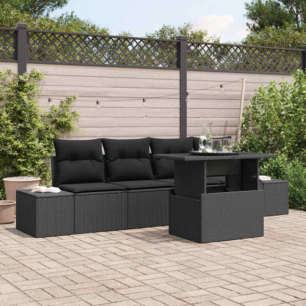 vidaXL Sofa Set with Cushions 5 pcs Black Poly Rattan