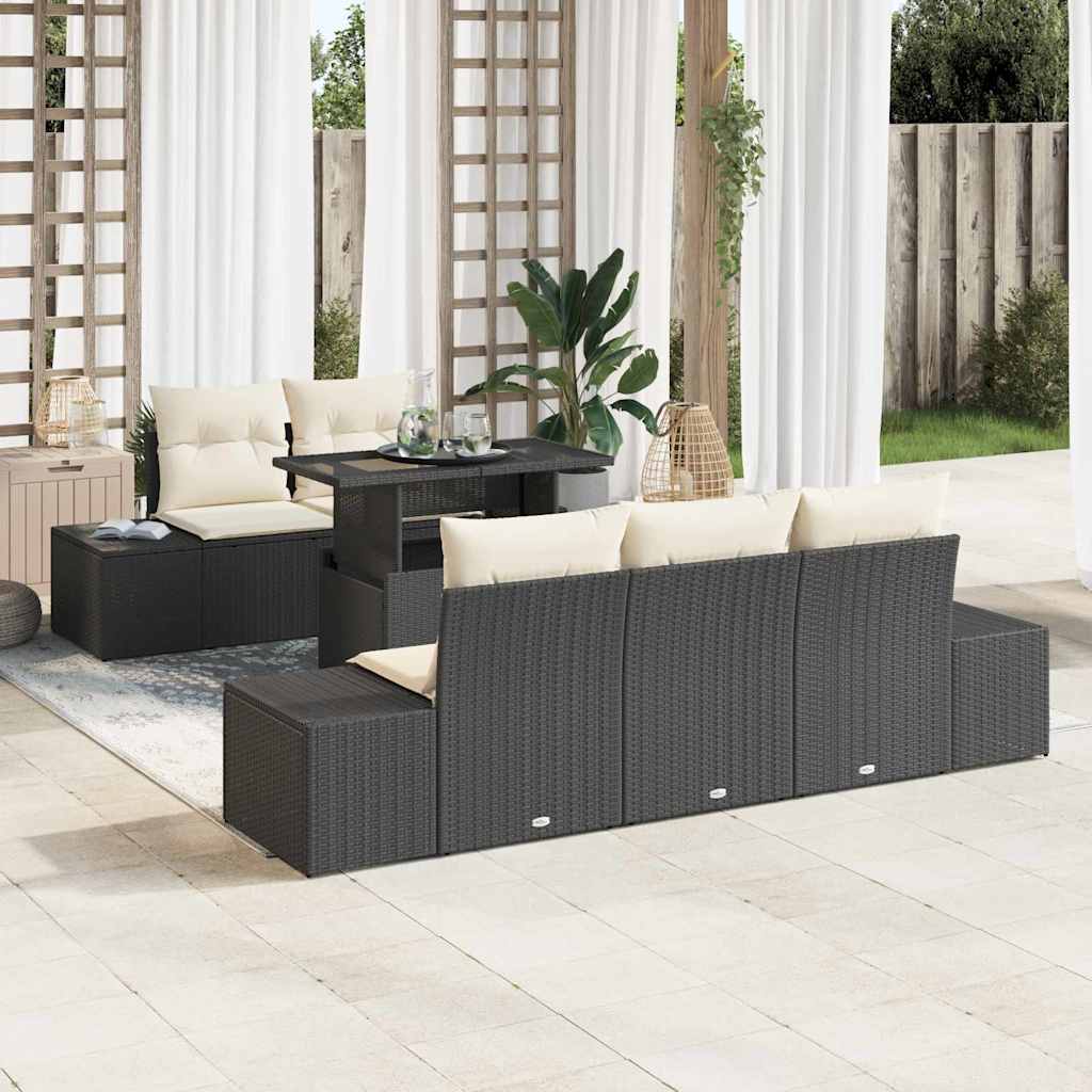 vidaXL 6-Piece Black and Cream Poly Rattan Sofa Set with Cushions