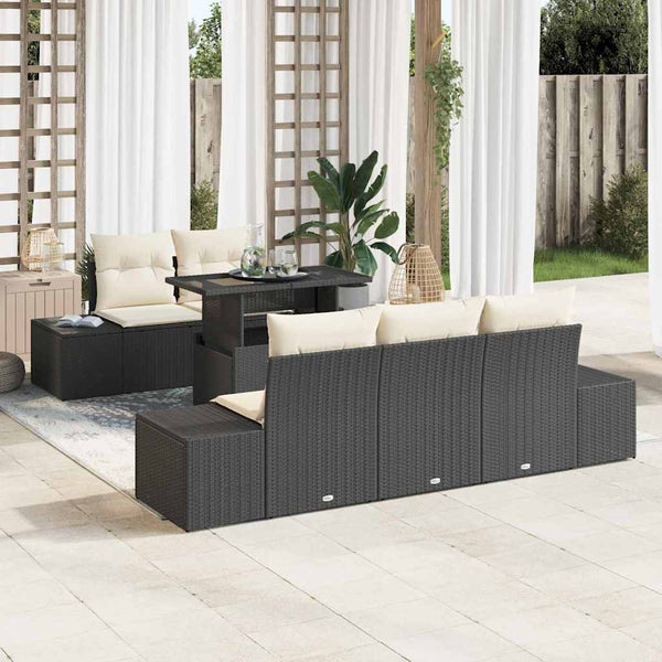 vidaXL 6-Piece Black and Cream Poly Rattan Sofa Set with Cushions