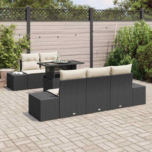 vidaXL 6-Piece Black and Cream Poly Rattan Sofa Set with Cushions