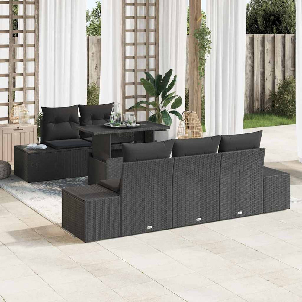 vidaXL 6-piece Black Poly Rattan Sofa Set with Cushions