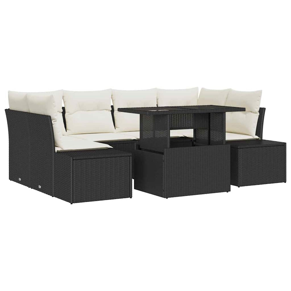 Poly-Rattan Sofa Set Schwarz & Creme 7-teilig