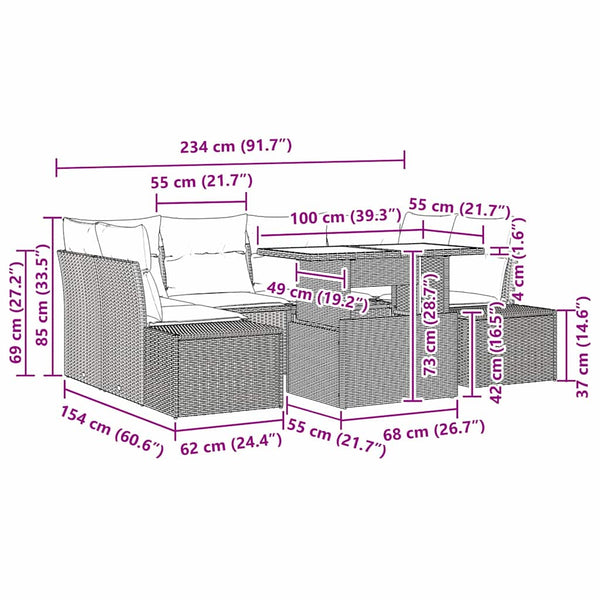Poly Rattan Sofa Set 7-teilig mit Kissen