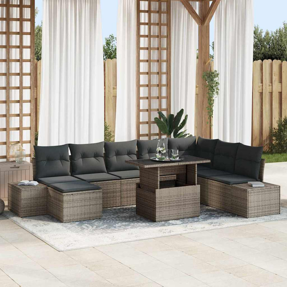 vidaXL Garden Sofa Set with Cushions and Storage 9 pcs Grey Poly Rattan