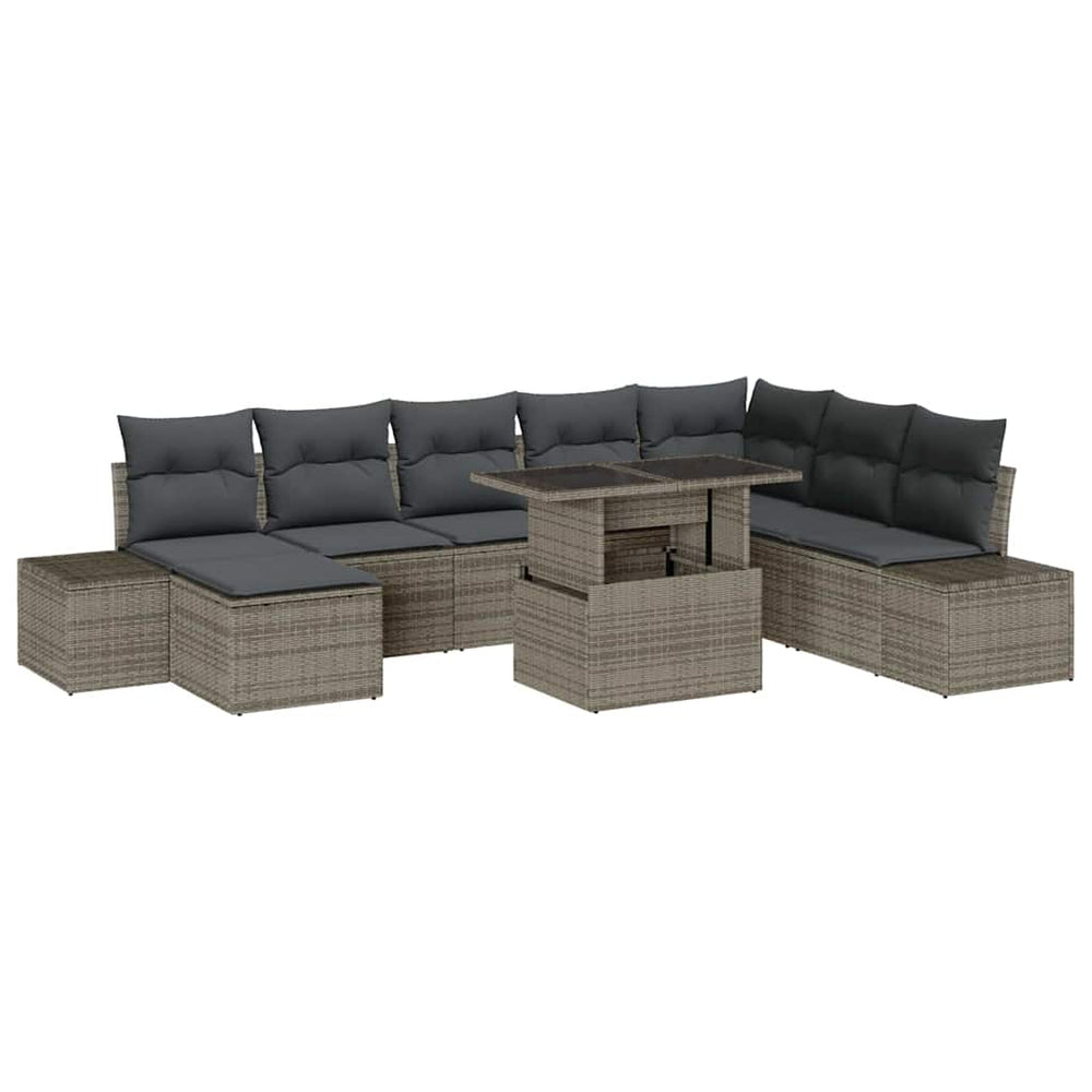 vidaXL Garden Sofa Set with Cushions and Storage 9 pcs Grey Poly Rattan