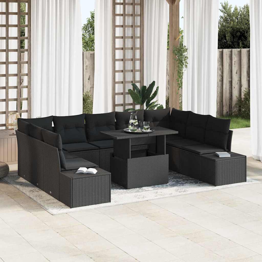 vidaXL Garden Sofa Set with Cushions 10 pcs Black Poly Rattan