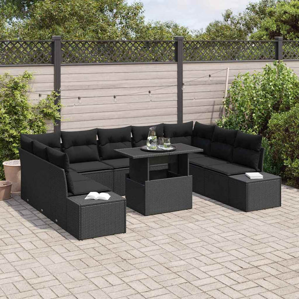 vidaXL Garden Sofa Set with Cushions 10 pcs Black Poly Rattan