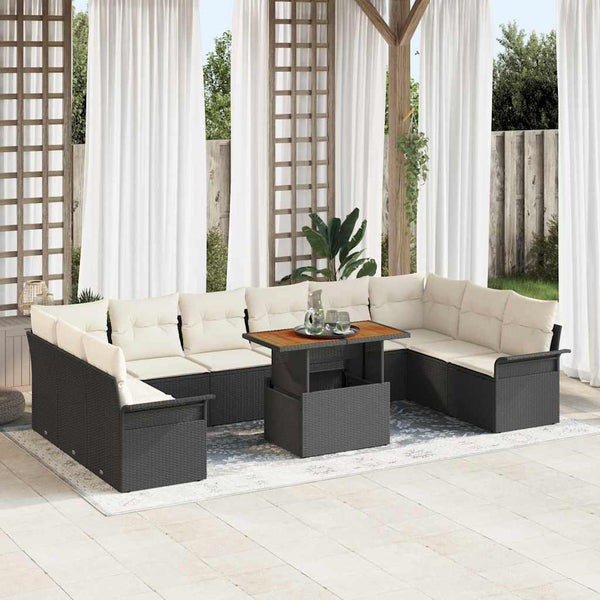 vidaXL Garden Sofa Set with Cushions 11 pcs Black and Cream Poly Rattan