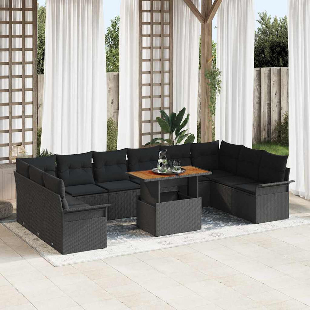 vidaXL Garden Sofa Set with Cushions 11 pcs Black Poly Rattan