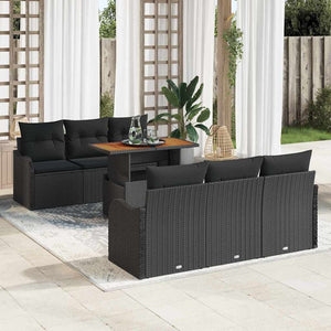 vidaXL 7-Piece Black Poly Rattan Garden Sofa Set with Cushions