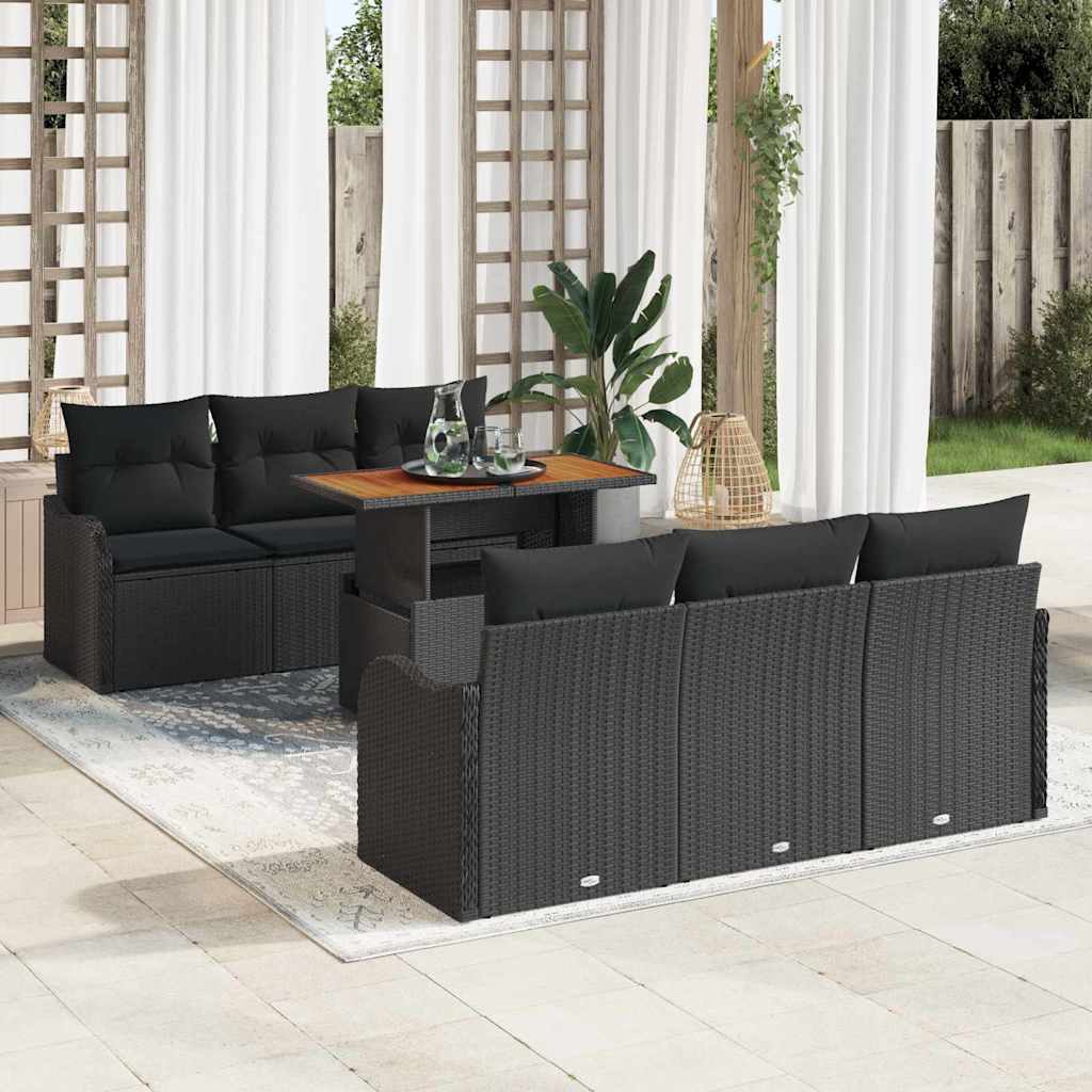 vidaXL 7-Piece Black Poly Rattan Garden Sofa Set with Cushions