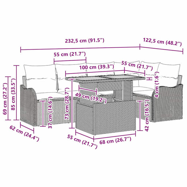 vidaXL Garden Sofa Set with Cushions 6 pcs Grey Poly Rattan