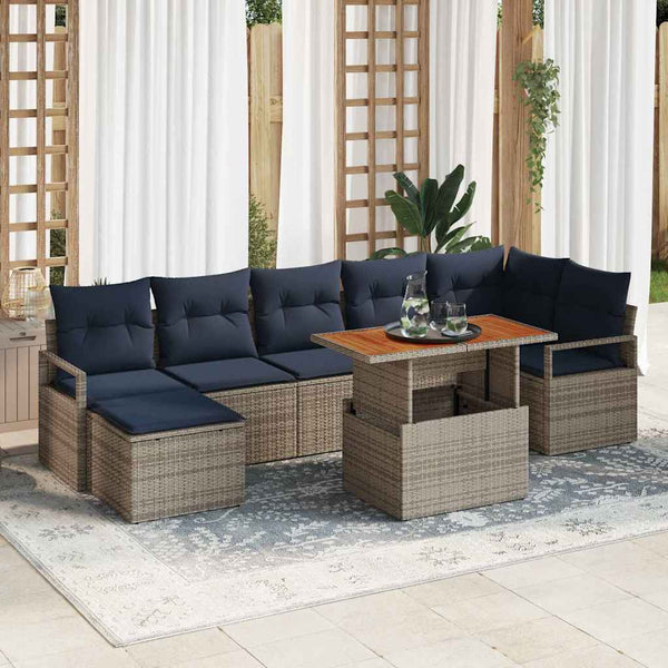 Garten Essgruppe mit Kissen, 8-teilig, Grau/Marineblau