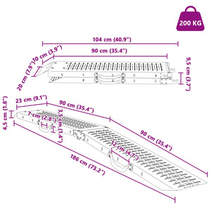 vidaXL Folding Ramp 200kg per Ramp 2 pcs. Silver 186 x 23 x 4.5 cm