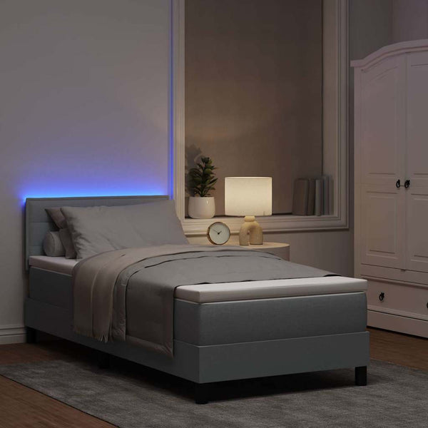 vidaXL Box Spring Bed with Mattress and LED Light Gray 90 x 200 cm Fabric