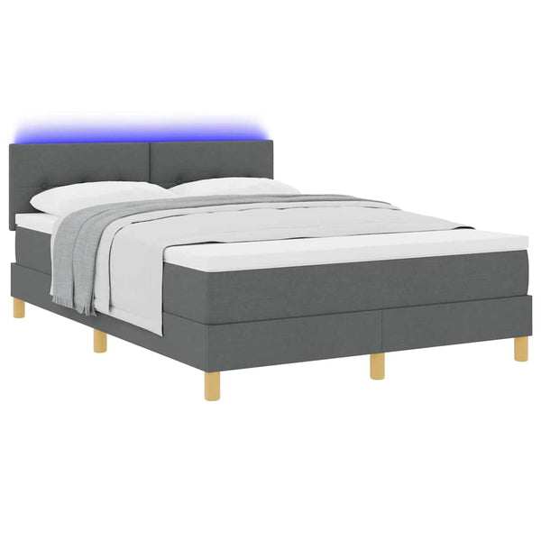 vidaXL LED Box Spring Bed with Cushions Dark Grey 140 x 190 cm Fabric