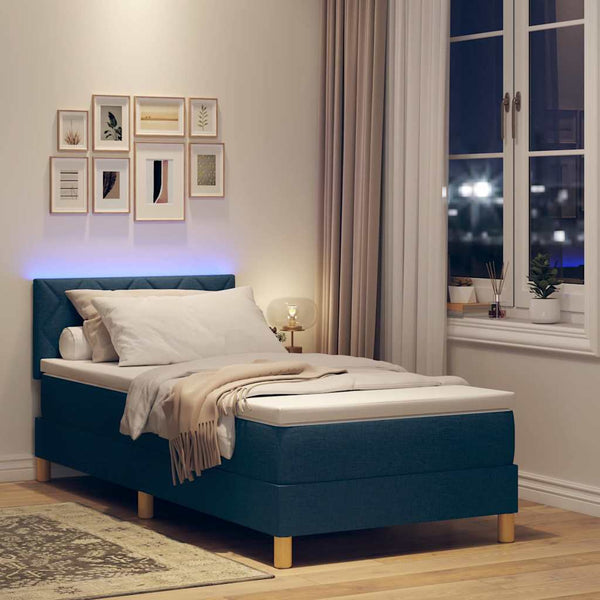 vidaXL LED Box Spring Bed with Pillows Blue 90 x 190 cm Fabric