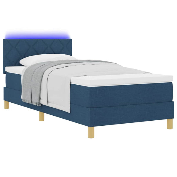 vidaXL LED Box Spring Bed with Pillows Blue 90 x 190 cm Fabric