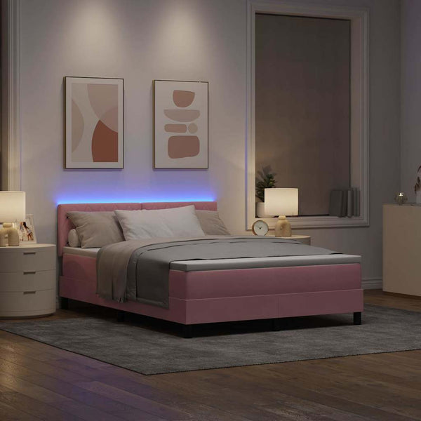vidaXL LED Box Spring Bed with Mattress and LED Pink 140 x 190 cm Velvet