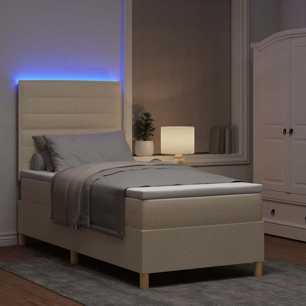 vidaXL LED Box Spring Bed with Mattress Cream 90 x 190 cm Fabric