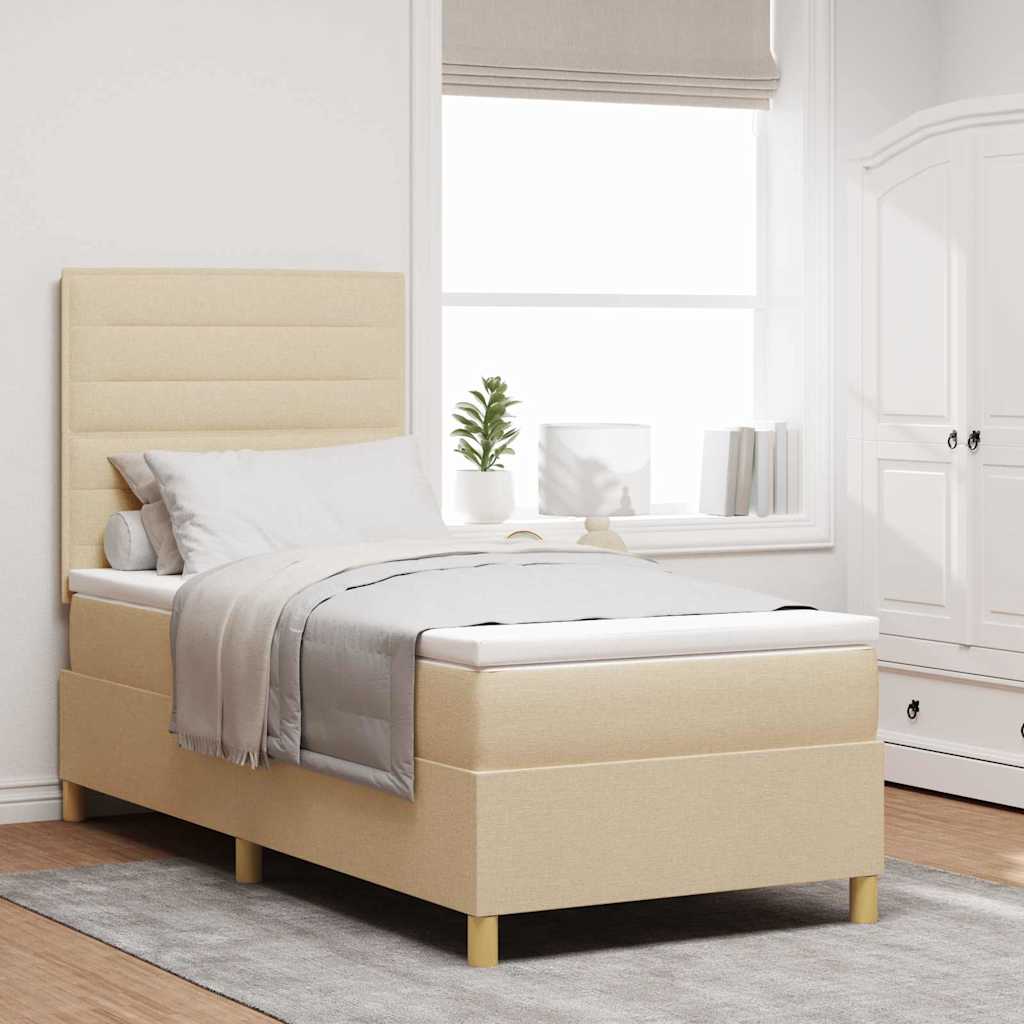 vidaXL LED Box Spring Bed with Mattress Cream 90 x 190 cm Fabric