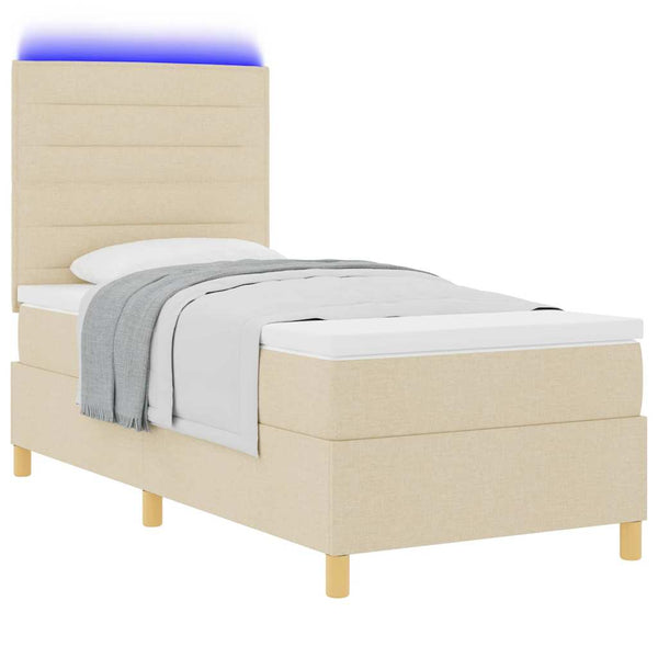 vidaXL LED Box Spring Bed with Mattress Cream 90 x 190 cm Fabric