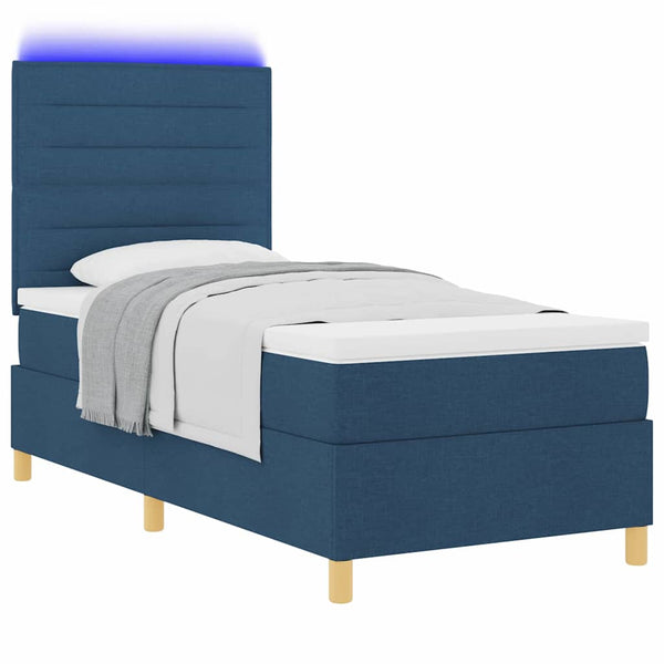 vidaXL LED Box Spring Bed with Mattress Blue 90 x 190 cm Fabric