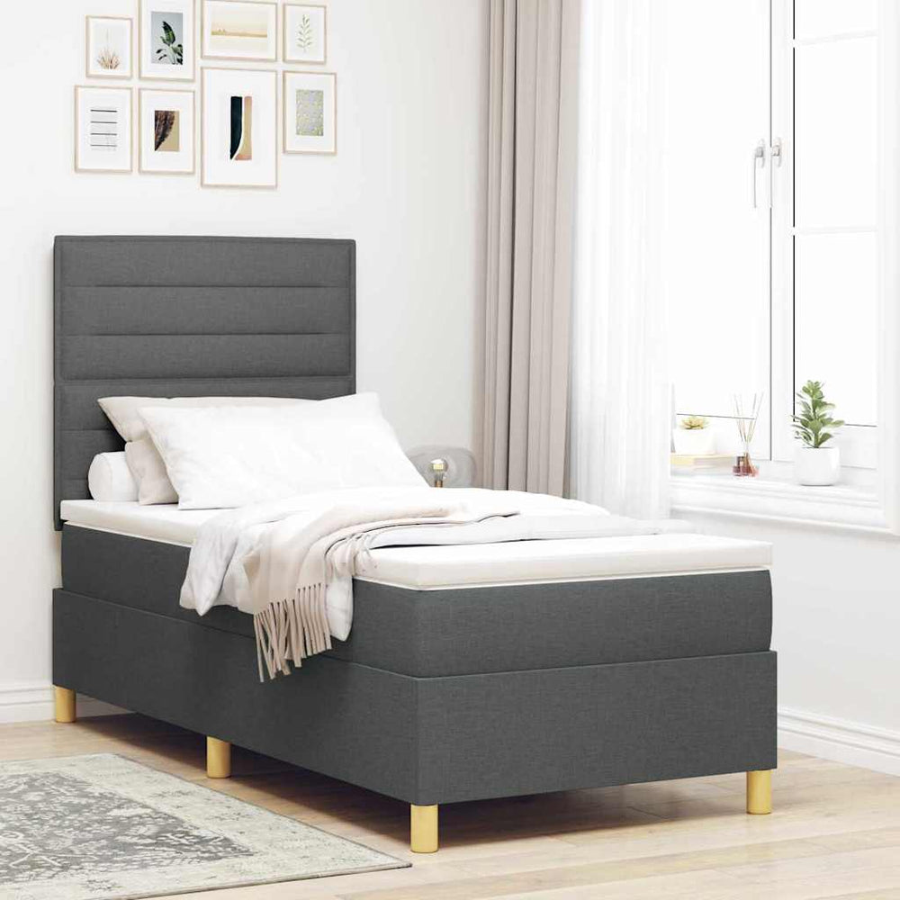 vidaXL LED Box Spring Bed with Mattress Dark Grey 100 x 200 cm Fabric