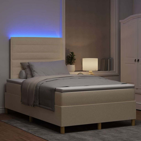 vidaXL LED Box Spring Bed with Mattress Cream 120 x 190 cm Fabric