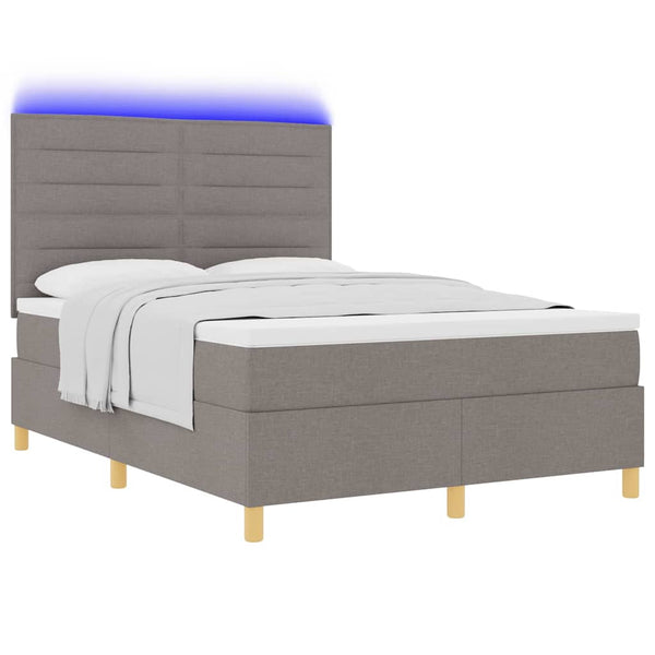 vidaXL LED Box Spring Bed with Mattress Taupe 140 x 200 cm Fabric