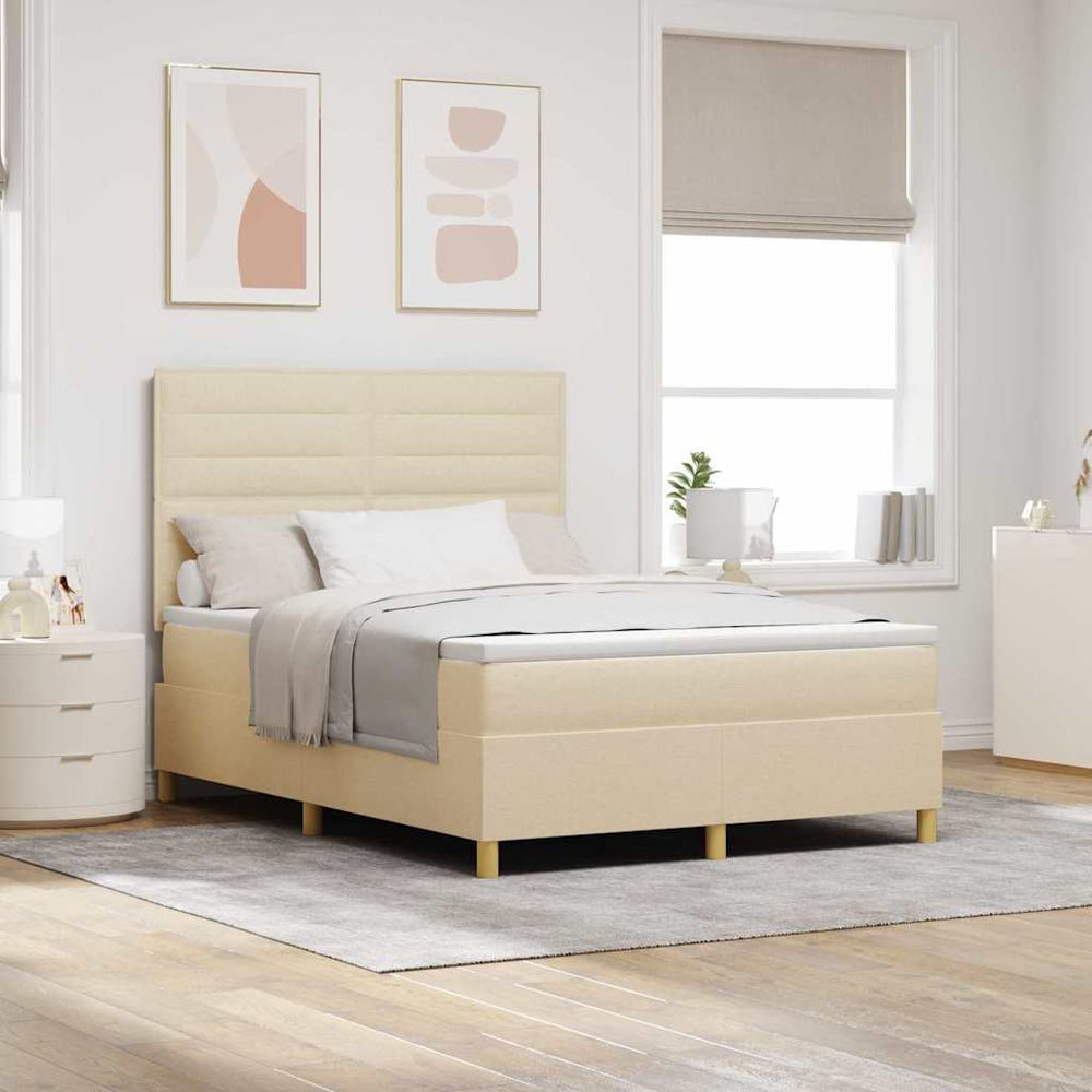 vidaXL LED Box Spring Bed with Mattress Cream 140 x 200 cm Fabric