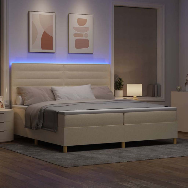 vidaXL LED Box Spring Bed with Mattress Cream 200 x 200 cm Fabric