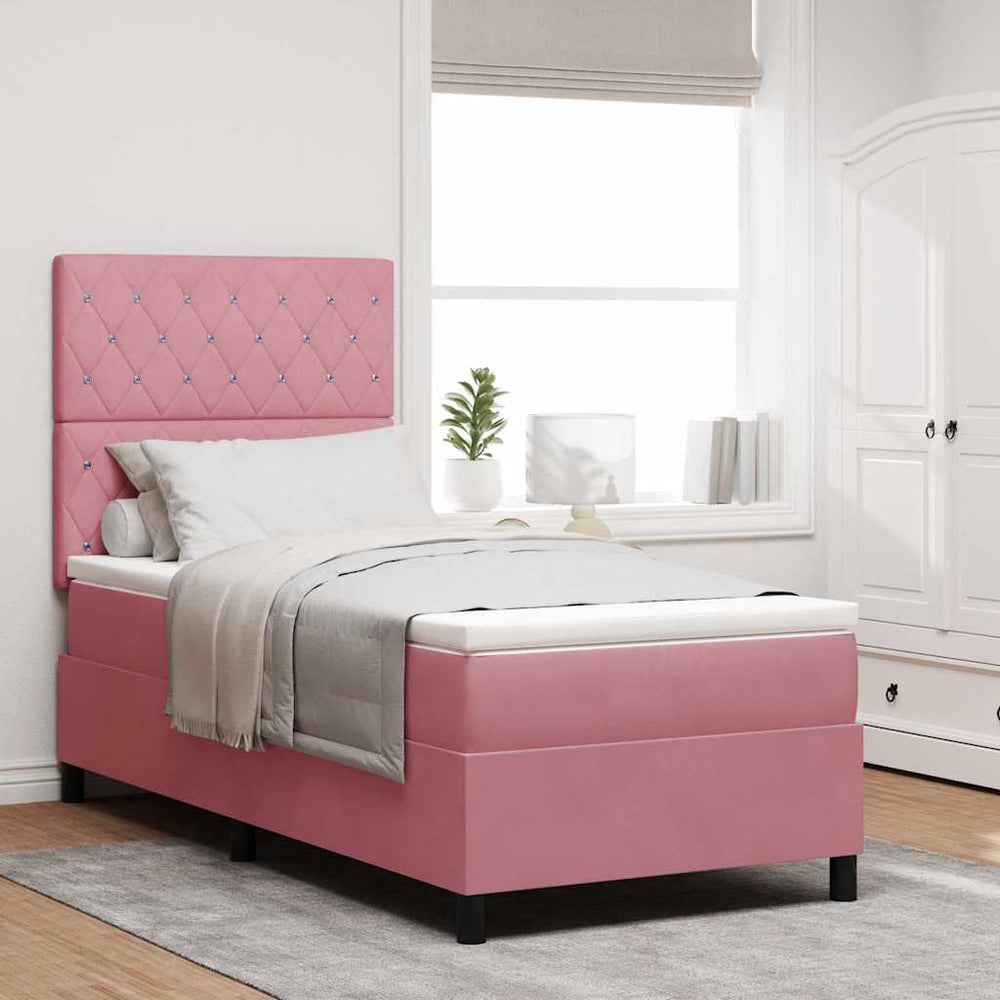 vidaXL LED Velvet Box Spring Bed with Mattress Pink 90 x 190 cm