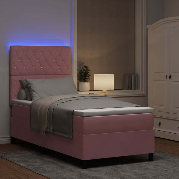 vidaXL LED Box Spring Bed with Mattress Pink 90 x 200 cm Velvet