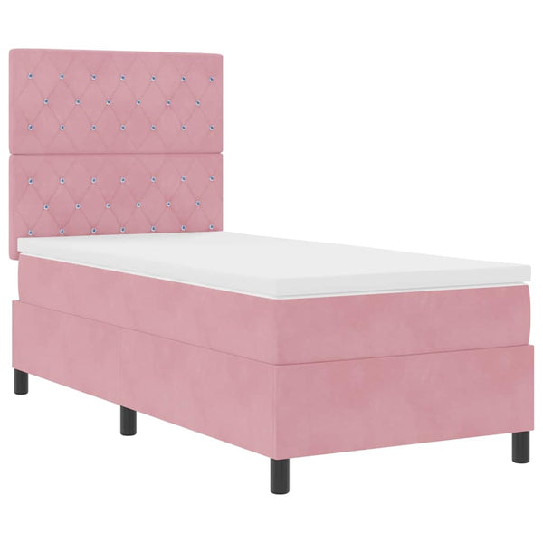 vidaXL LED Box Spring Bed with Mattress Pink 90 x 200 cm Velvet