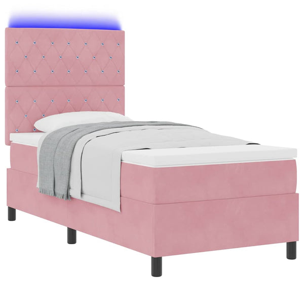 vidaXL LED Box Spring Bed with Mattress Pink 90 x 200 cm Velvet