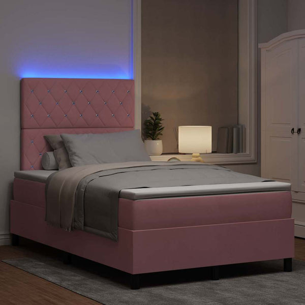 vidaXL LED Box Spring Bed with Mattress Pink 120 x 190 cm Velvet