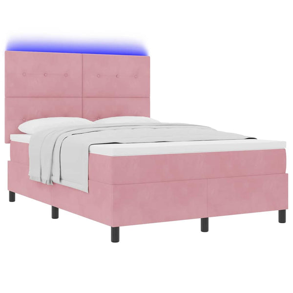 vidaXL LED Box Spring Bed with Mattress Pink 140 x 190 cm Velvet