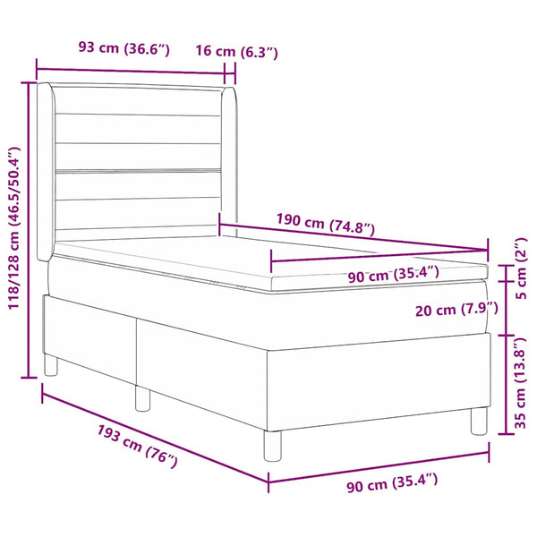 vidaXL Box Spring Bed with LED Strips Grey 90 x 190 cm Fabric