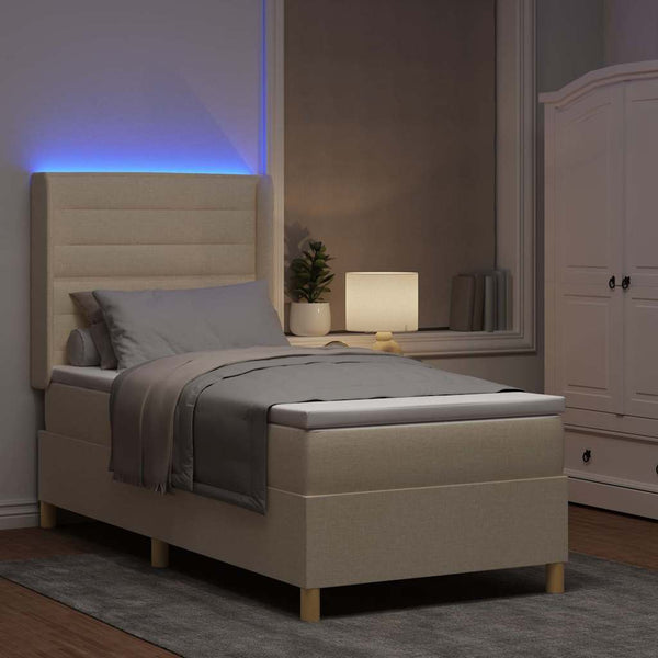 vidaXL Box Spring Bed with LED Light Strips Cream 90 x 200 cm Fabric