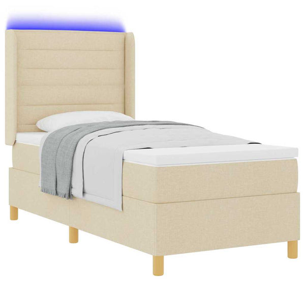 vidaXL Box Spring Bed with LED Light Strips Cream 90 x 200 cm Fabric