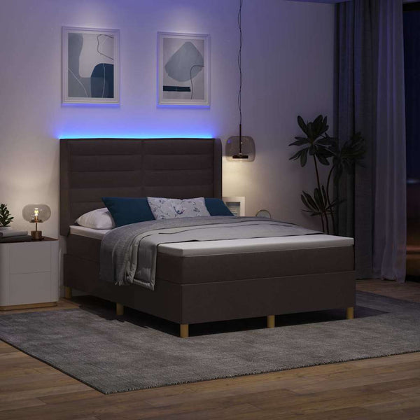 vidaXL Fabric Box Spring Bed with LED Strips Brown 140 x 190 cm