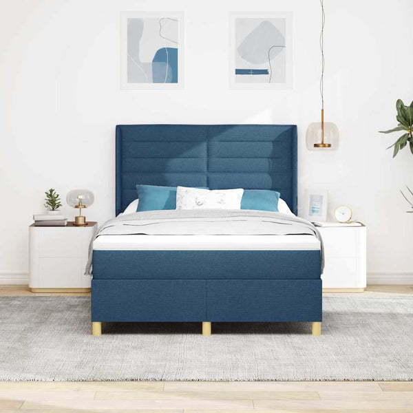 vidaXL Box Spring Bed with LED Light Strips Blue 140 x 190 cm Fabric