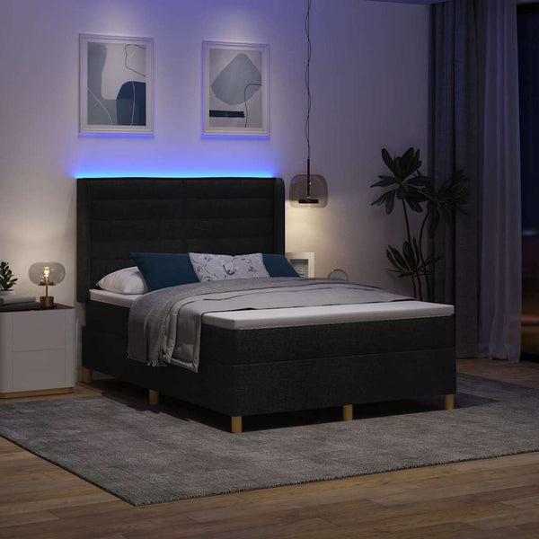 vidaXL Box Spring Bed with LED Light Strips Black 140 x 200 cm Fabric