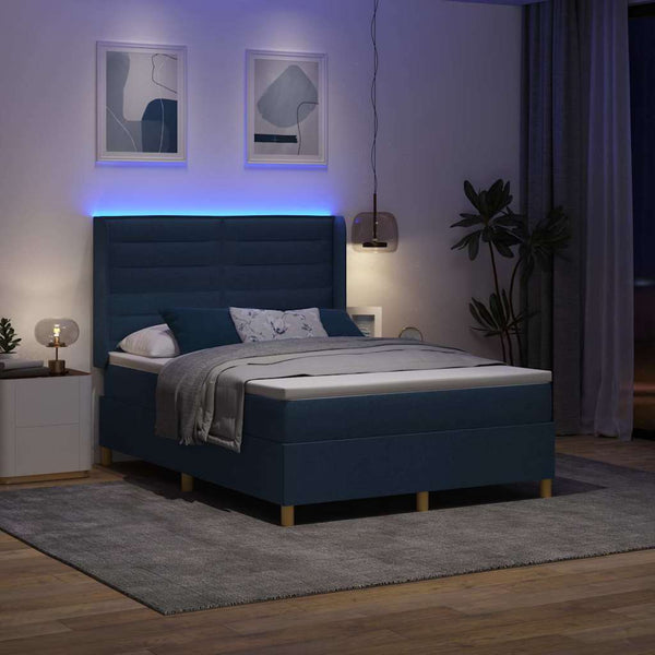 vidaXL Box Spring Bed with LED Light Strips Blue 160 x 200 cm Fabric