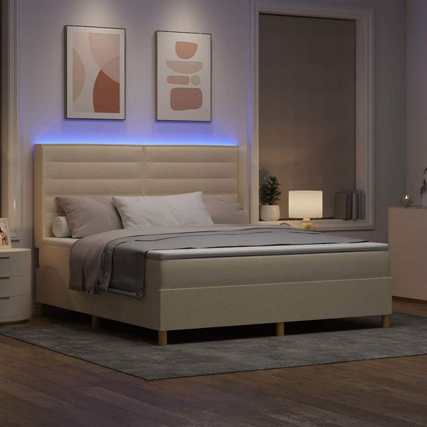 vidaXL Box Spring Bed with LED Light Strips Cream 180 x 200 cm Fabric