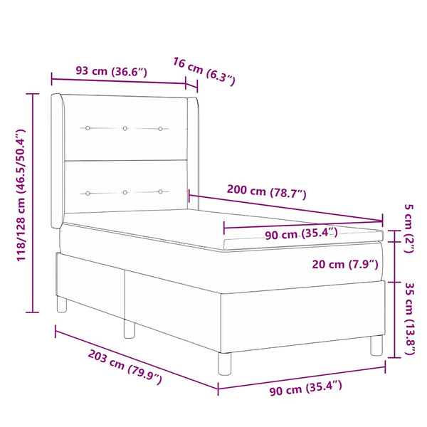 vidaXL Box Spring Bed with LED Light Strips Grey 90 x 200 cm Fabric