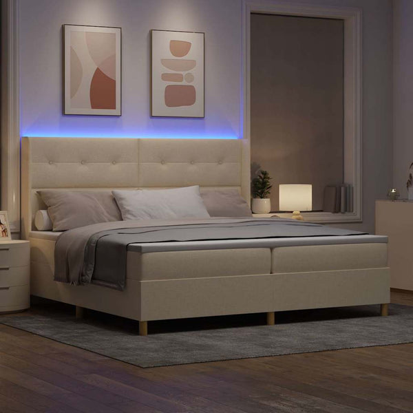 vidaXL Box Spring Bed with LED Strip Lights Cream 200 x 200 cm Fabric